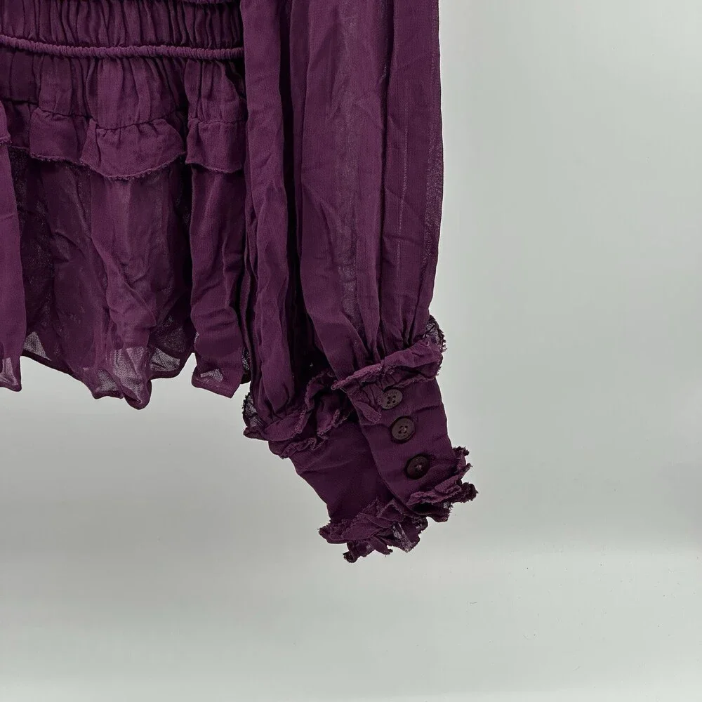 Farm Rio Size XXS Purple Smocked Long Sleeve Mock Neck Ruffled Peplum Top NWOT - Picture 9 of 13